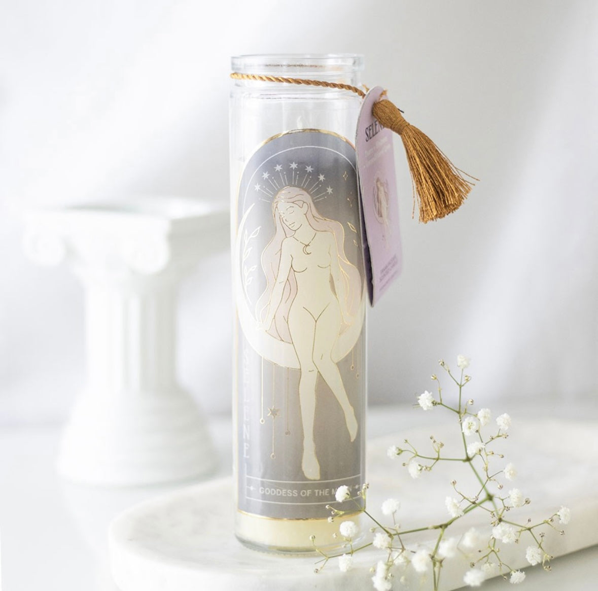 π Selene Goddess Tube Candle β Amethyst Crystals & Frankincense