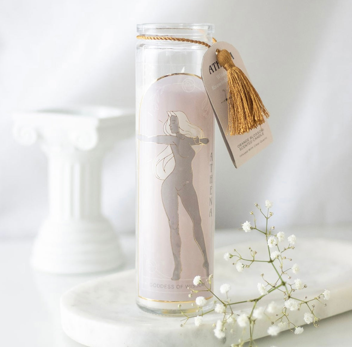 ๐๏ธ Athena Goddess Tube Candle โ Clear Quartz Crystals & Orange Blossom