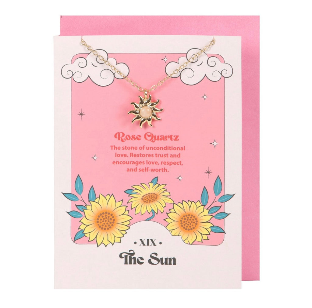☀️ Sun Tarot Necklace with Rose Quartz Crystal & Greeting Card