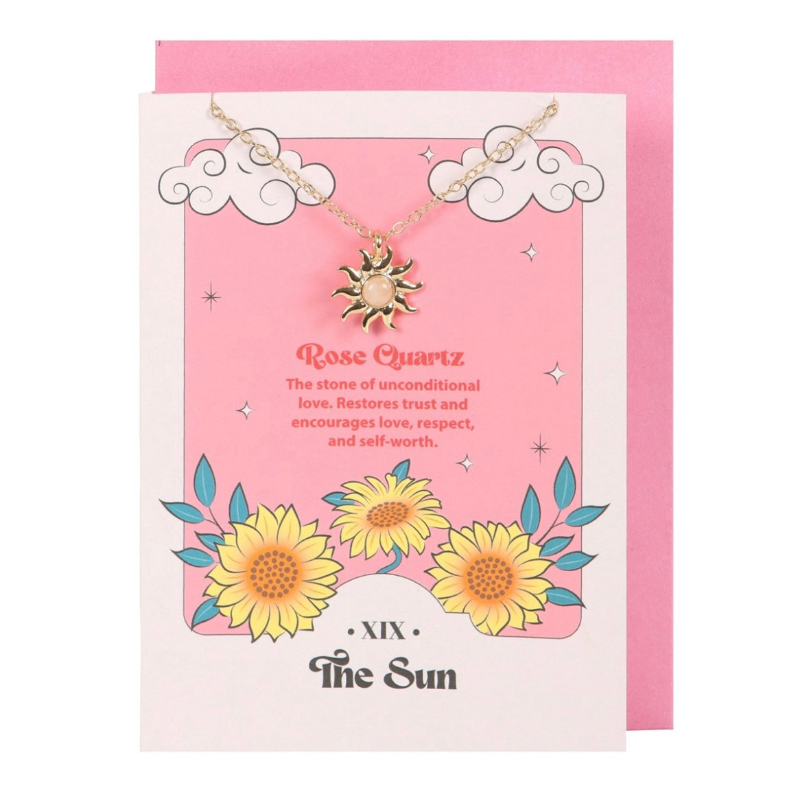 ☀️ Sun Tarot Necklace with Rose Quartz Crystal & Greeting Card