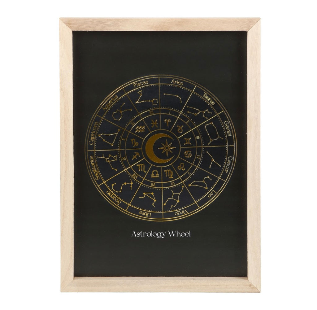 ✨ Astrology Wheel Wood Framed Print – Golden Foil Finish