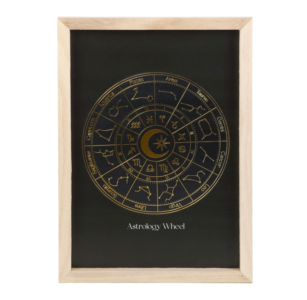 ✨ Astrology Wheel Wood Framed Print – Golden Foil Finish