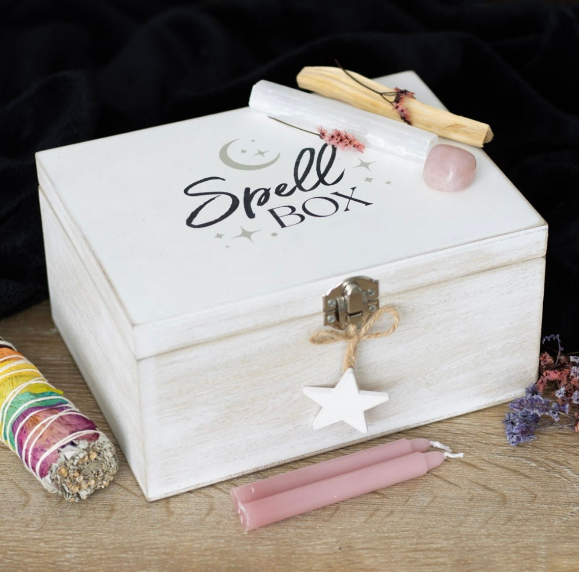 Wooden Spell Box – White Wash with Star Charm