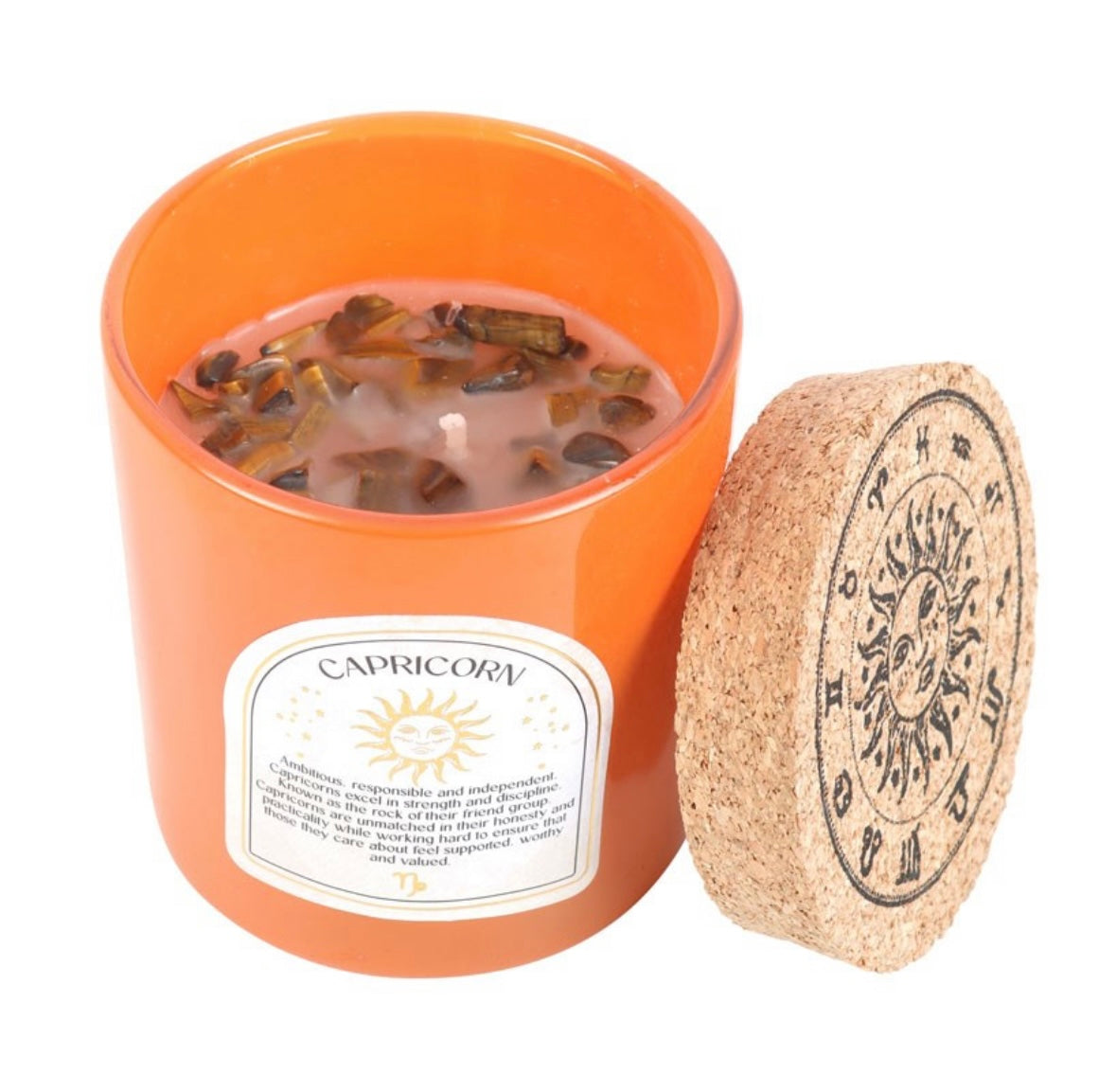 ♑ Capricorn Zodiac Candle – Sandalwood & Jasmine with Tiger’s Eye Crystals