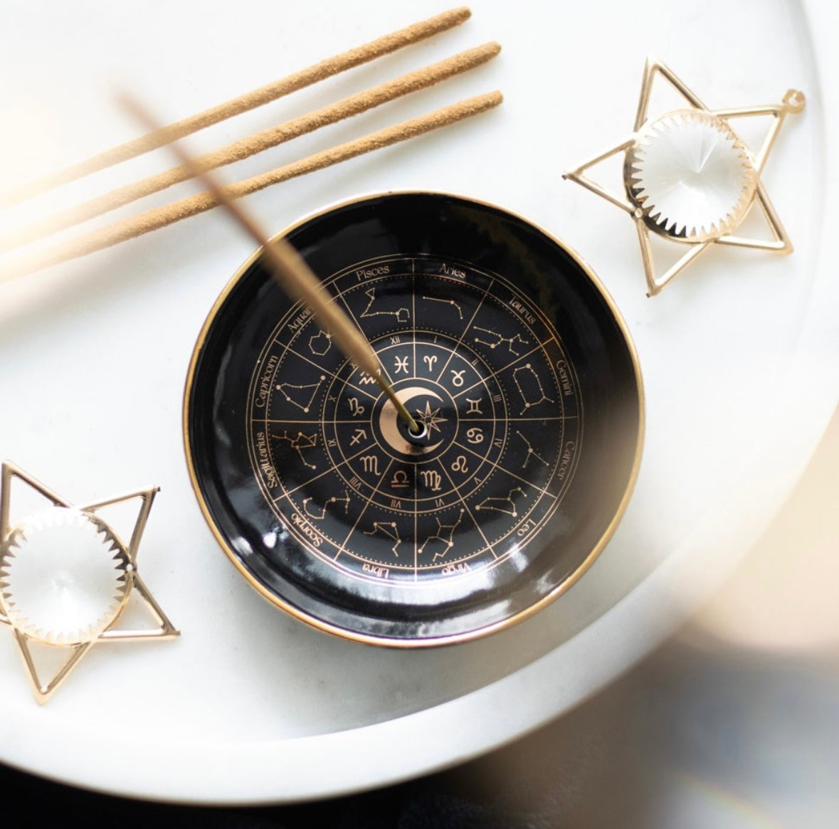 🔮 Black Astrology Wheel Incense Dish – Gold Effect Detail