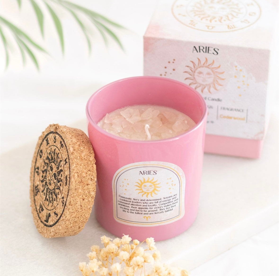 ♈ Aries Zodiac Candle – Cedarwood & Rose Quartz Crystals
