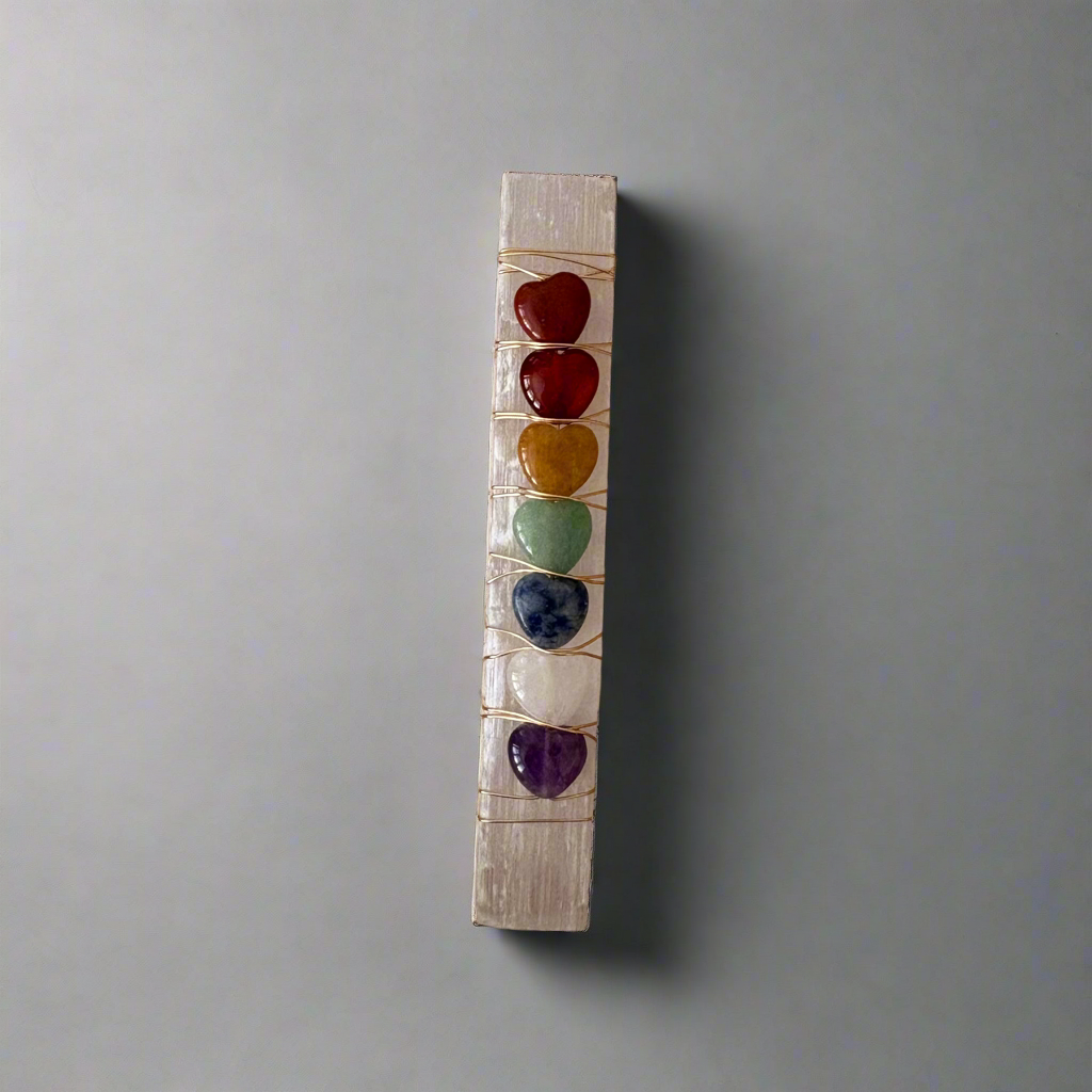 🌈 Selenite Chakra Wand with 7 Crystal Hearts (10cm)