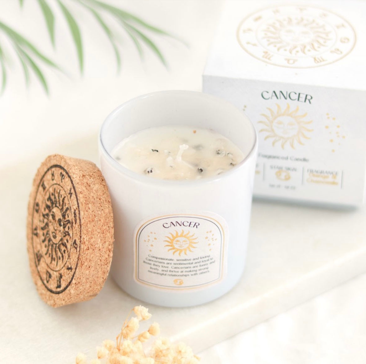 ♋ Cancer Zodiac Candle – Orange & Chamomile with Moonstone Crystals