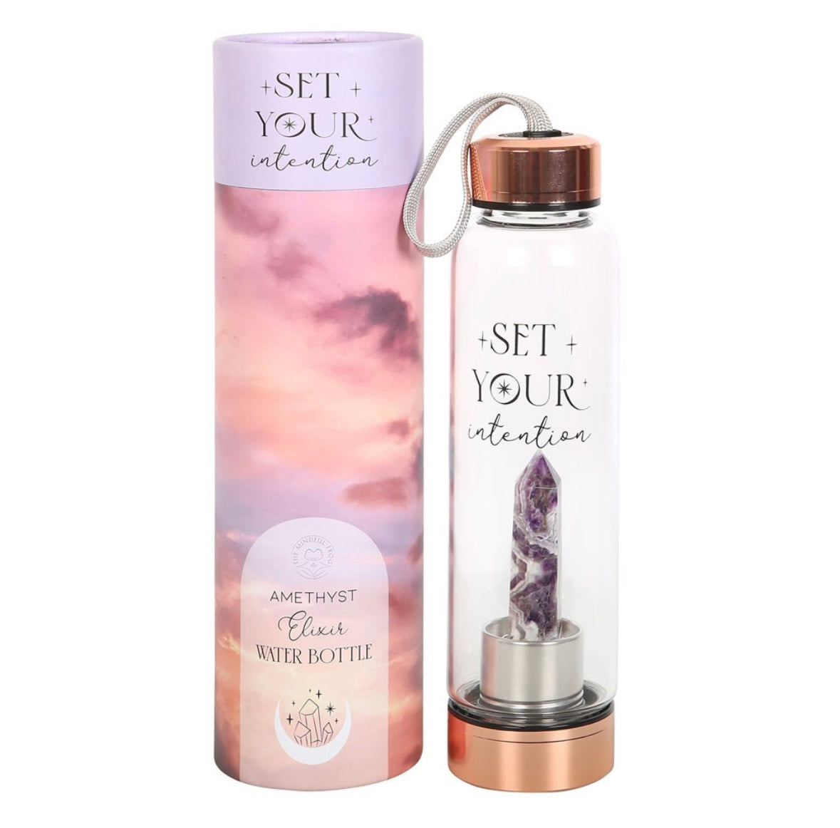 💜 Amethyst Crystal-Infused Glass Water Bottle – ‘Set Your Intentions’