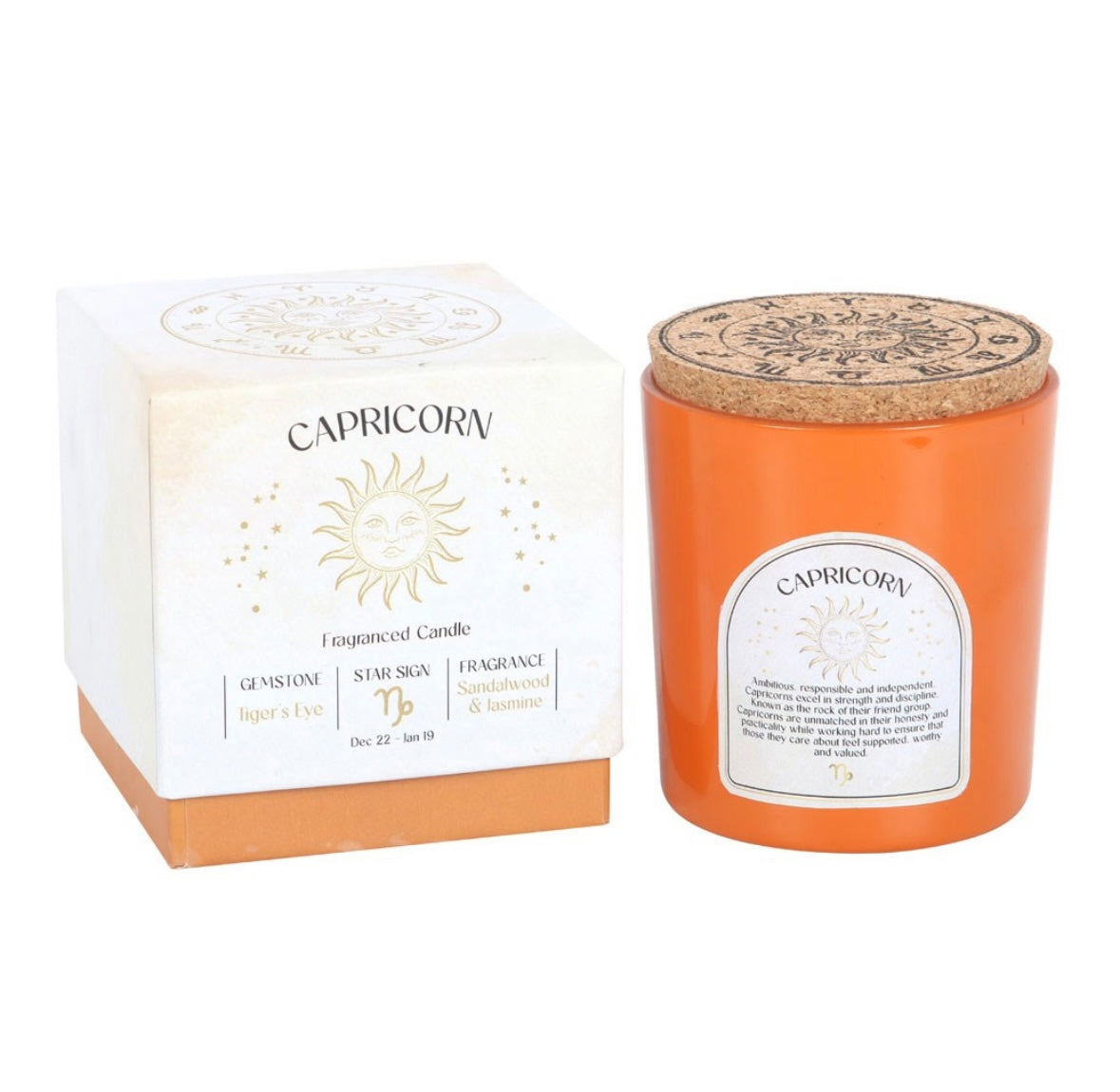 ♑ Capricorn Zodiac Candle – Sandalwood & Jasmine with Tiger’s Eye Crystals