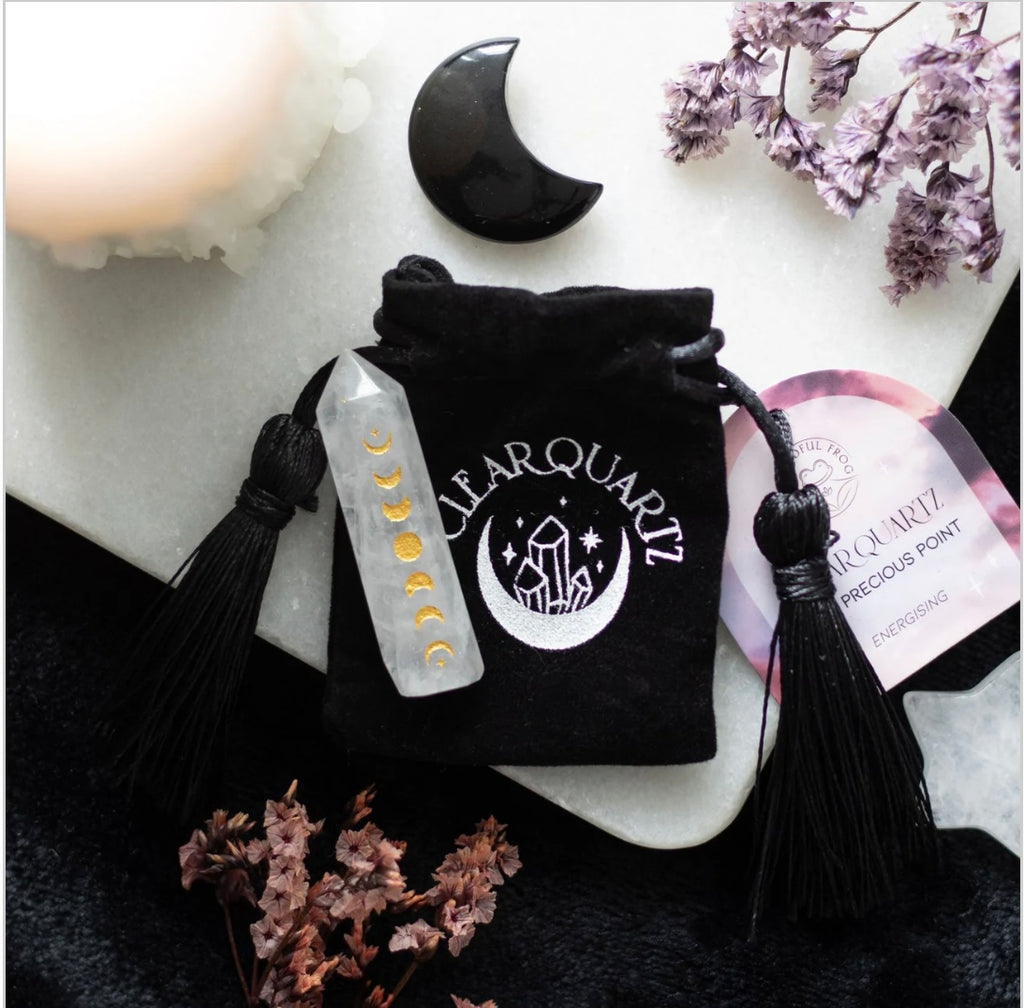 🌙 Clear Quartz Crystal Point – Moon Phase Engraving