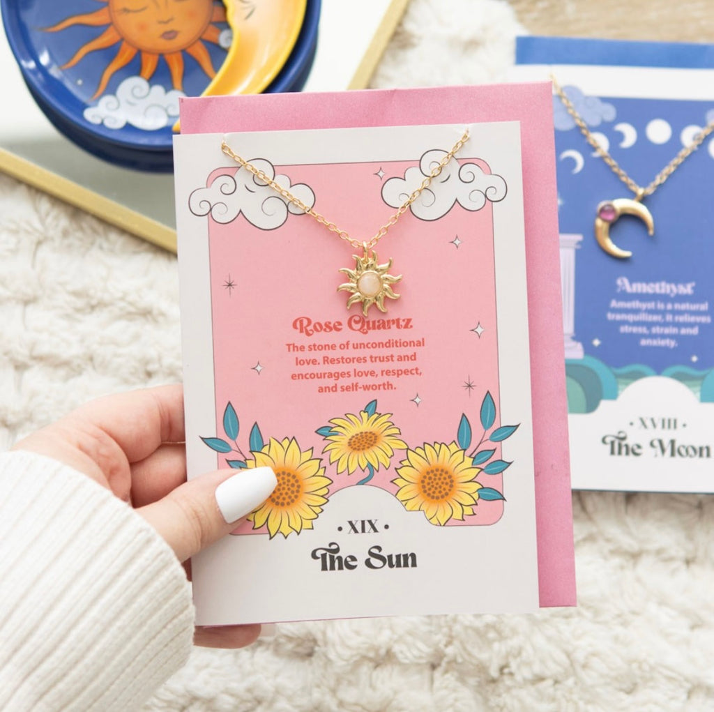 ☀️ Sun Tarot Necklace with Rose Quartz Crystal & Greeting Card