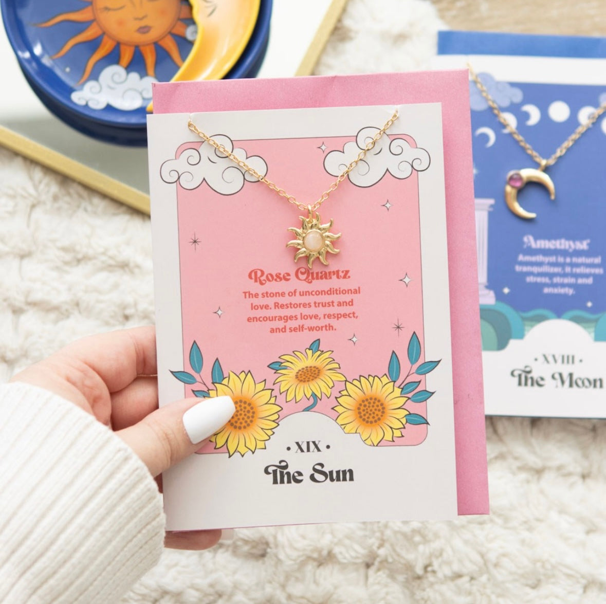 ☀️ Sun Tarot Necklace with Rose Quartz Crystal & Greeting Card