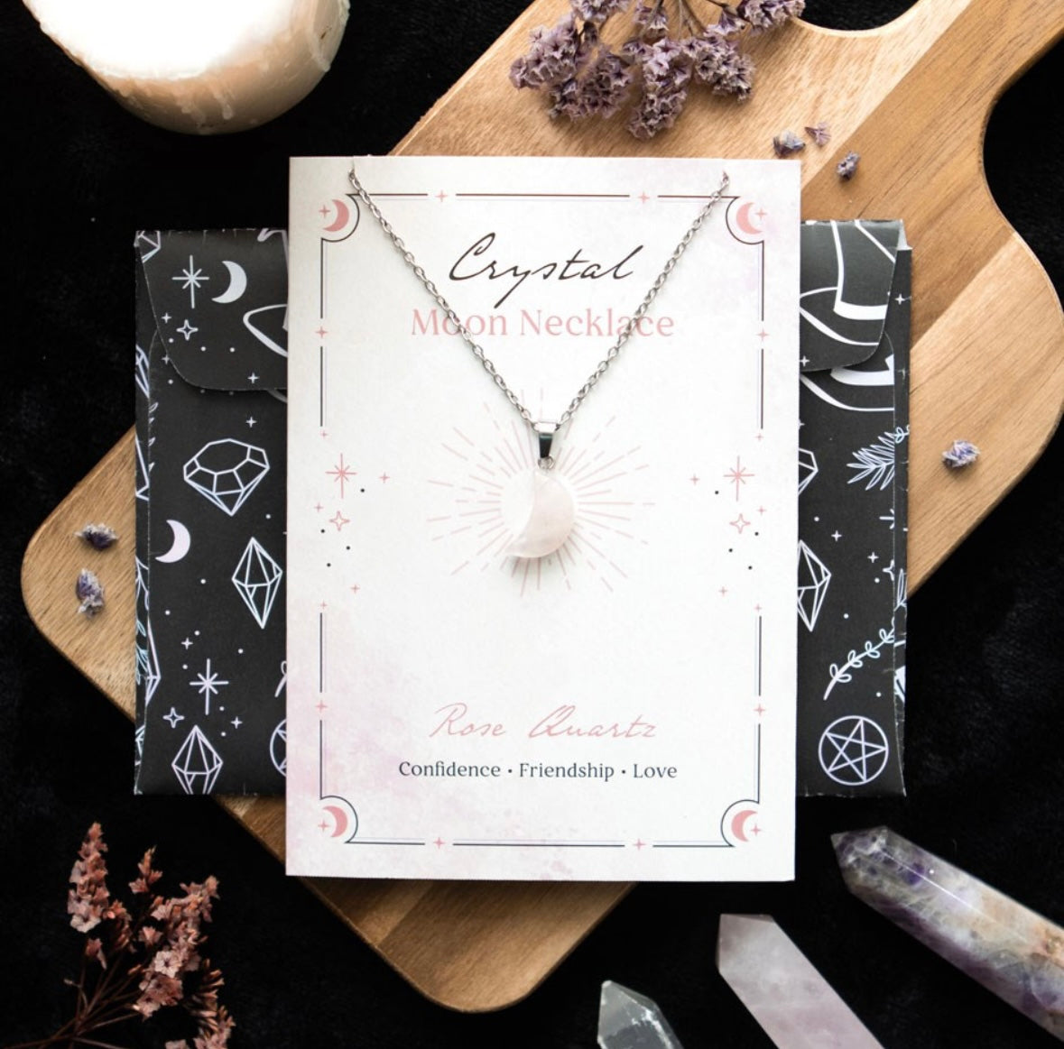 Rose Quartz Crystal Moon Necklace Greeting Card – Love & Confidence