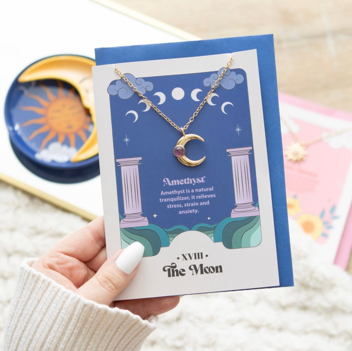 🌙 Moon Tarot Necklace with Amethyst Crystal & Greeting Card
