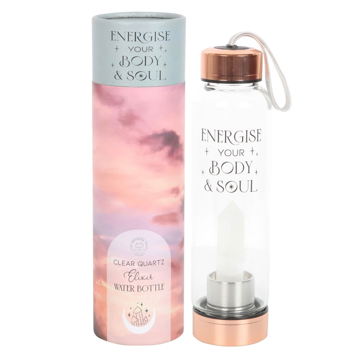✨ Clear Quartz Crystal-Infused Glass Water Bottle – ‘Energise Your Body & Soul’