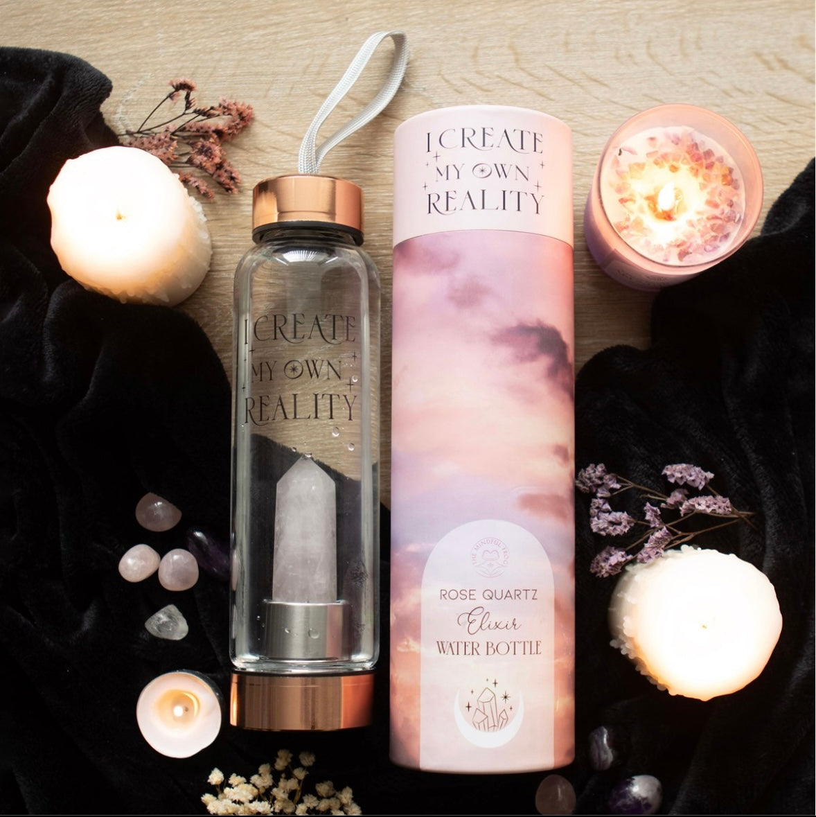 🌸 Rose Quartz Crystal-Infused Glass Water Bottle – ‘I Create My Own Reality’