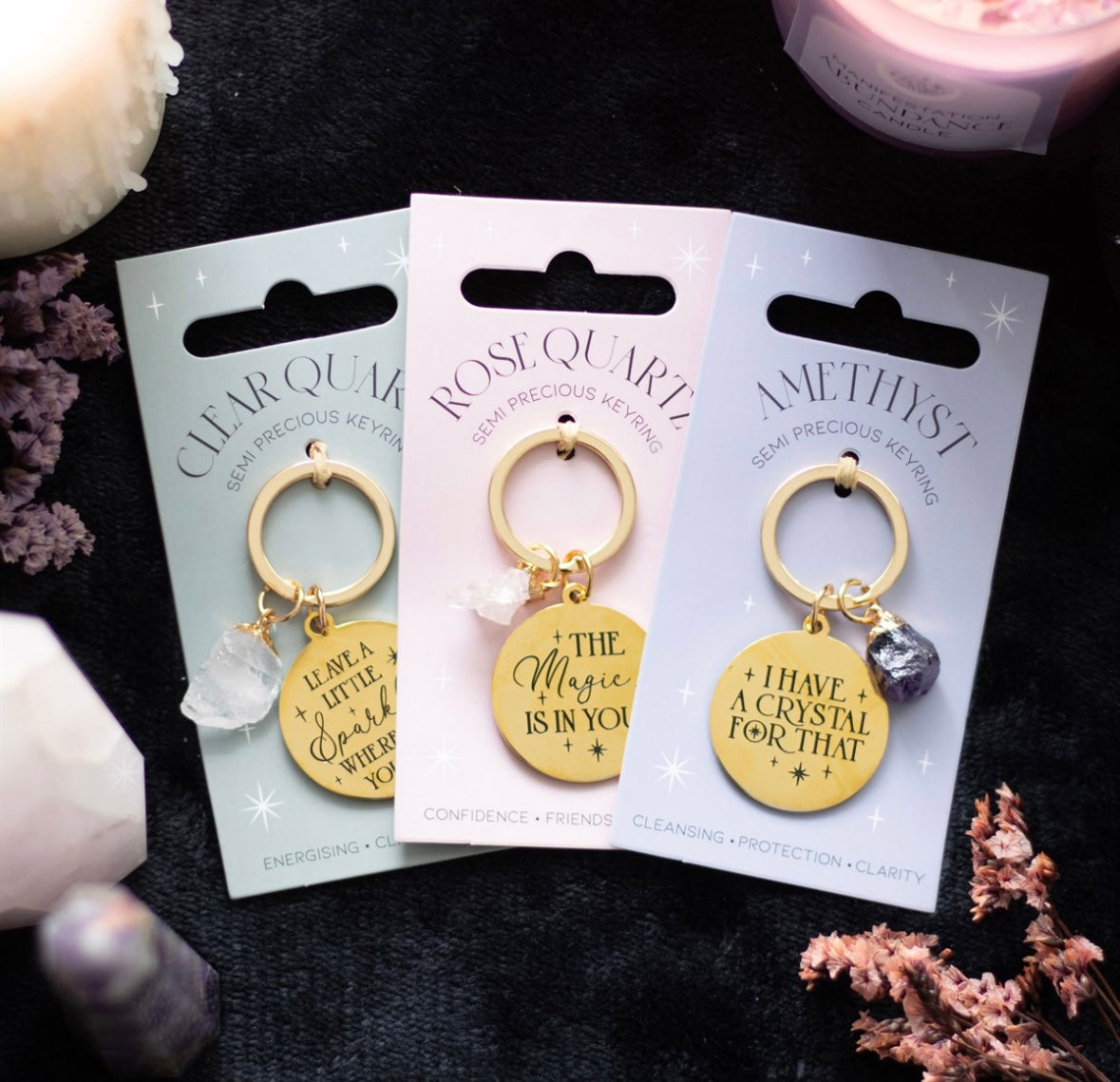 🔑 Crystal Charm Keyrings – Positive Message Collection