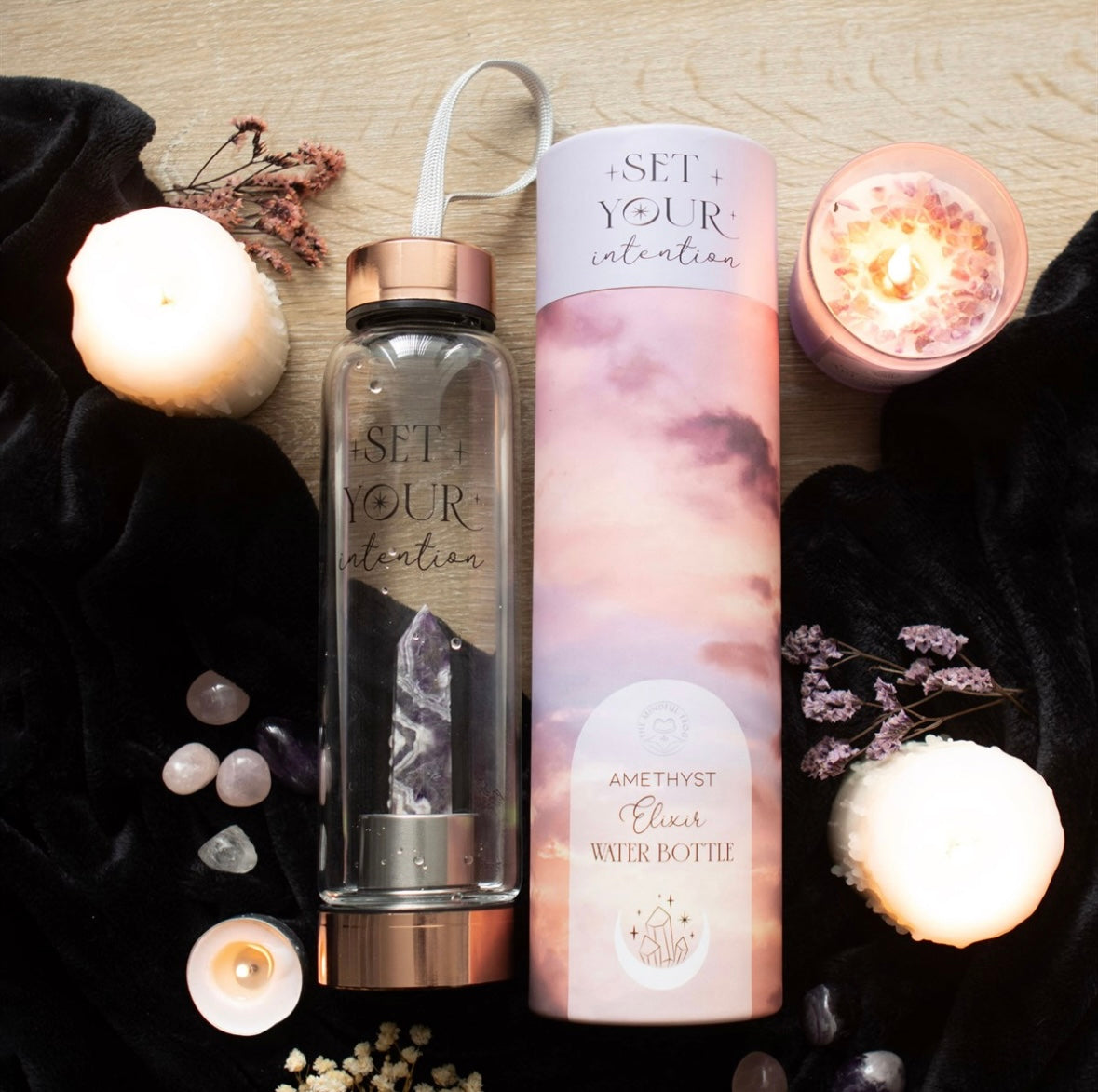 💜 Amethyst Crystal-Infused Glass Water Bottle – ‘Set Your Intentions’