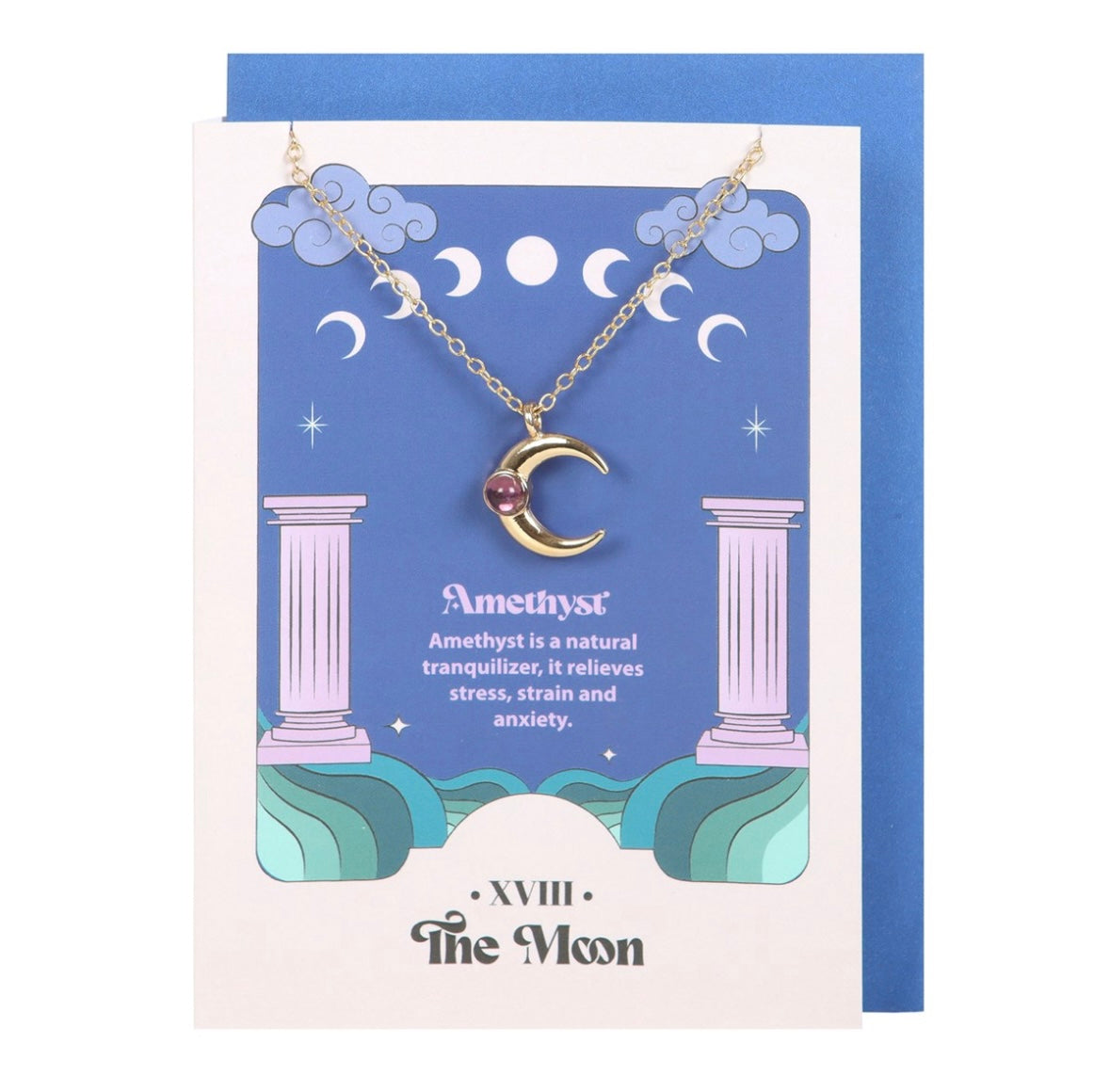 🌙 Moon Tarot Necklace with Amethyst Crystal & Greeting Card