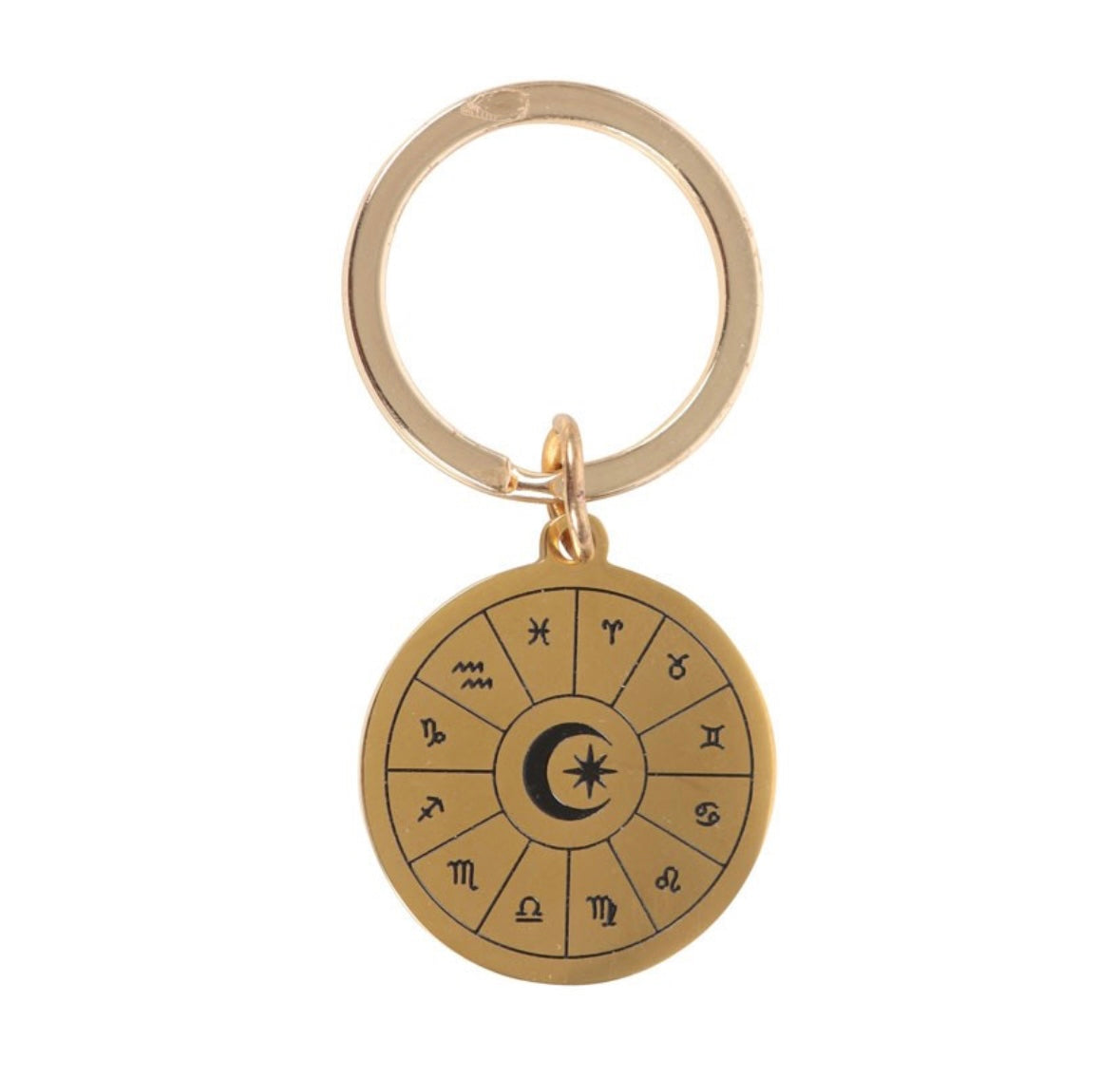 🔑 Celestial Astrology Wheel Keyring – Gold Tone Charm