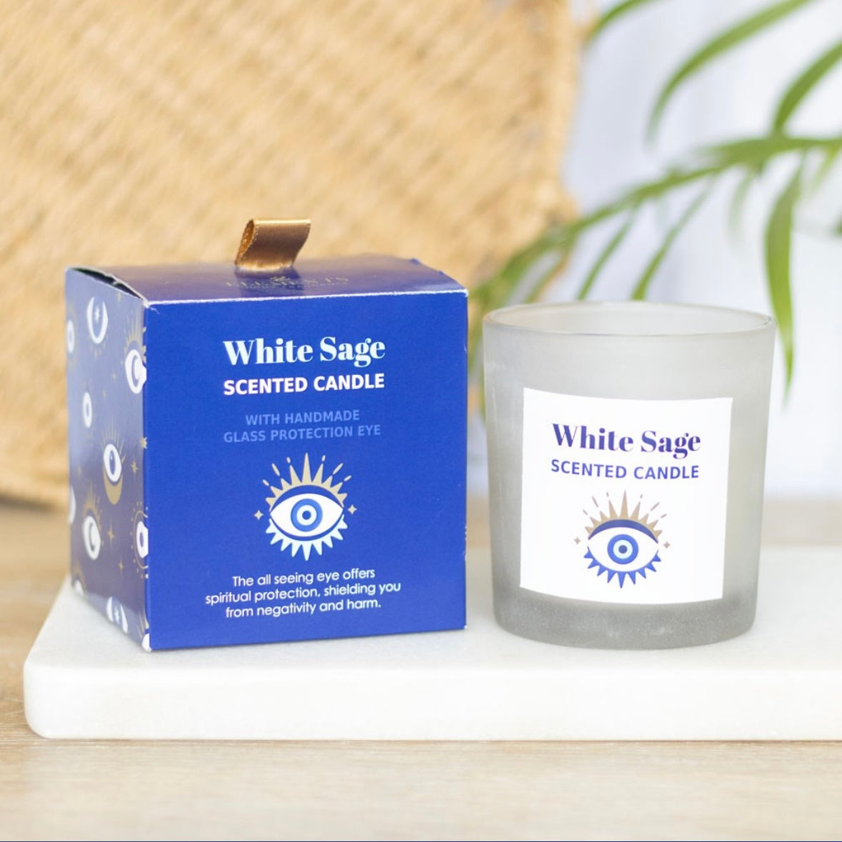👁️ White Sage Crystal Candle with All Seeing Eye Charm