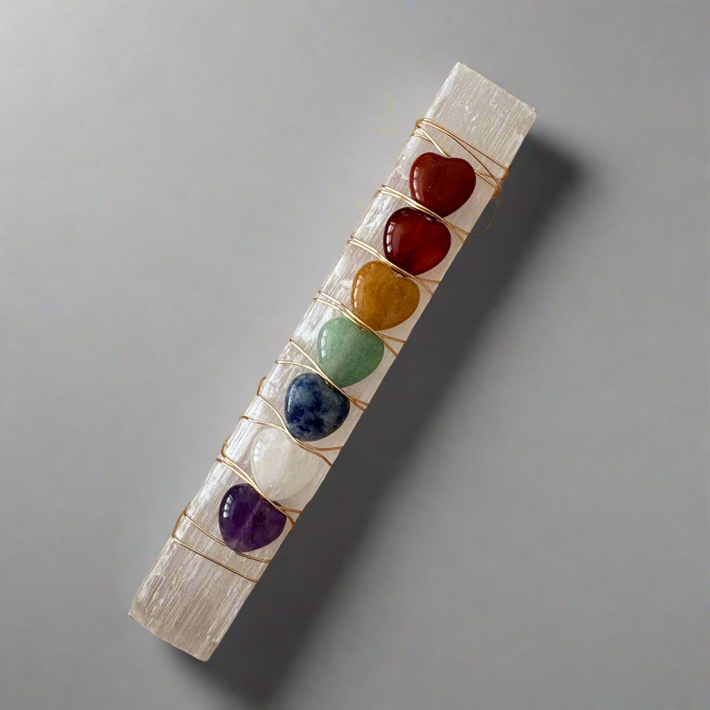 🌈 Selenite Chakra Wand with 7 Crystal Hearts (10cm)