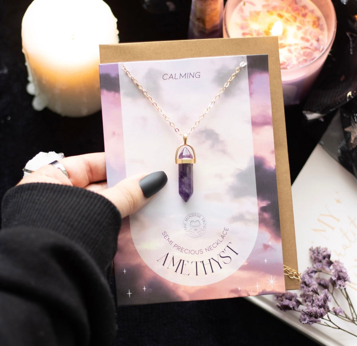 💜 Greeting Card with Amethyst Crystal Necklace – Relaxation Pendant