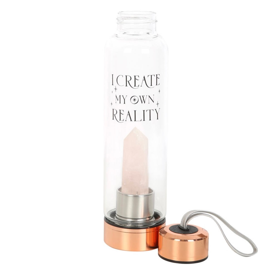 🌸 Rose Quartz Crystal-Infused Glass Water Bottle – ‘I Create My Own Reality’
