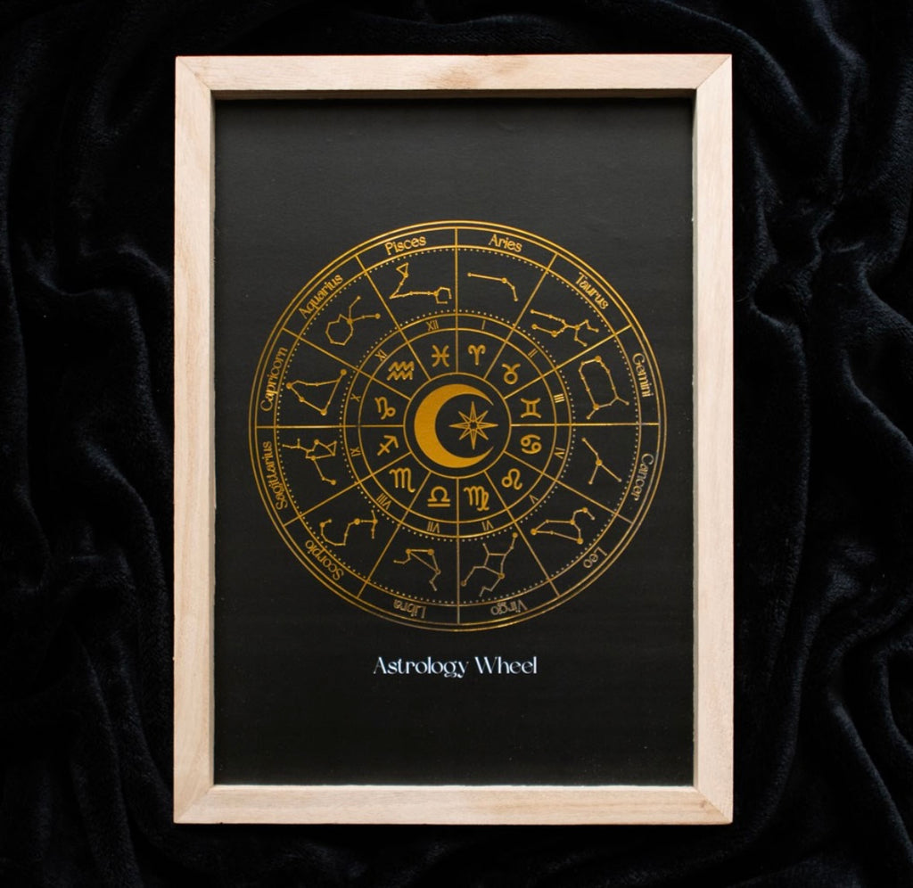 ✨ Astrology Wheel Wood Framed Print – Golden Foil Finish