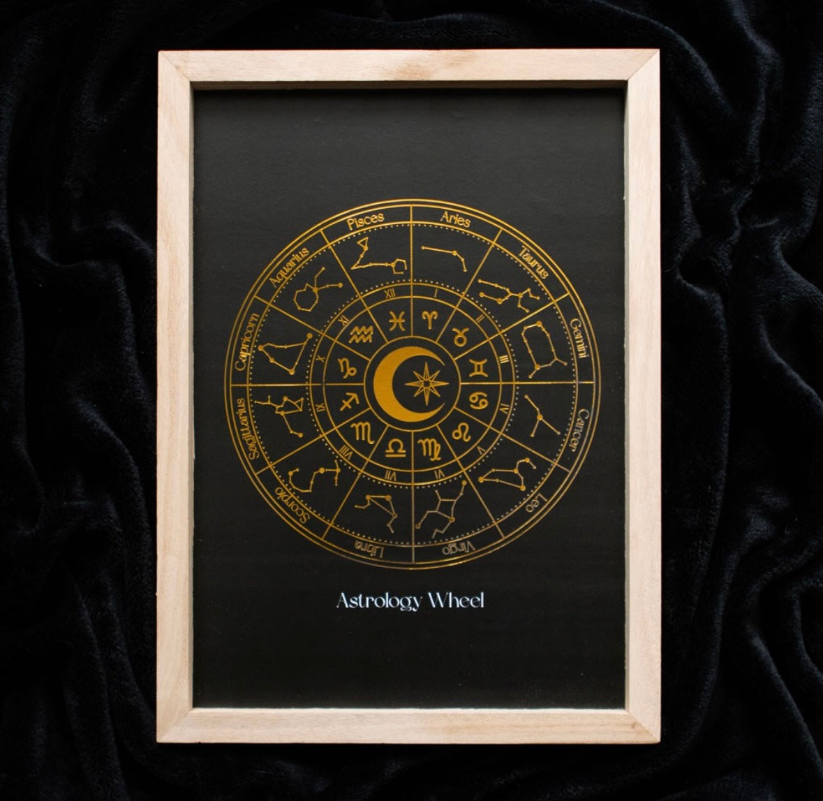 ✨ Astrology Wheel Wood Framed Print – Golden Foil Finish