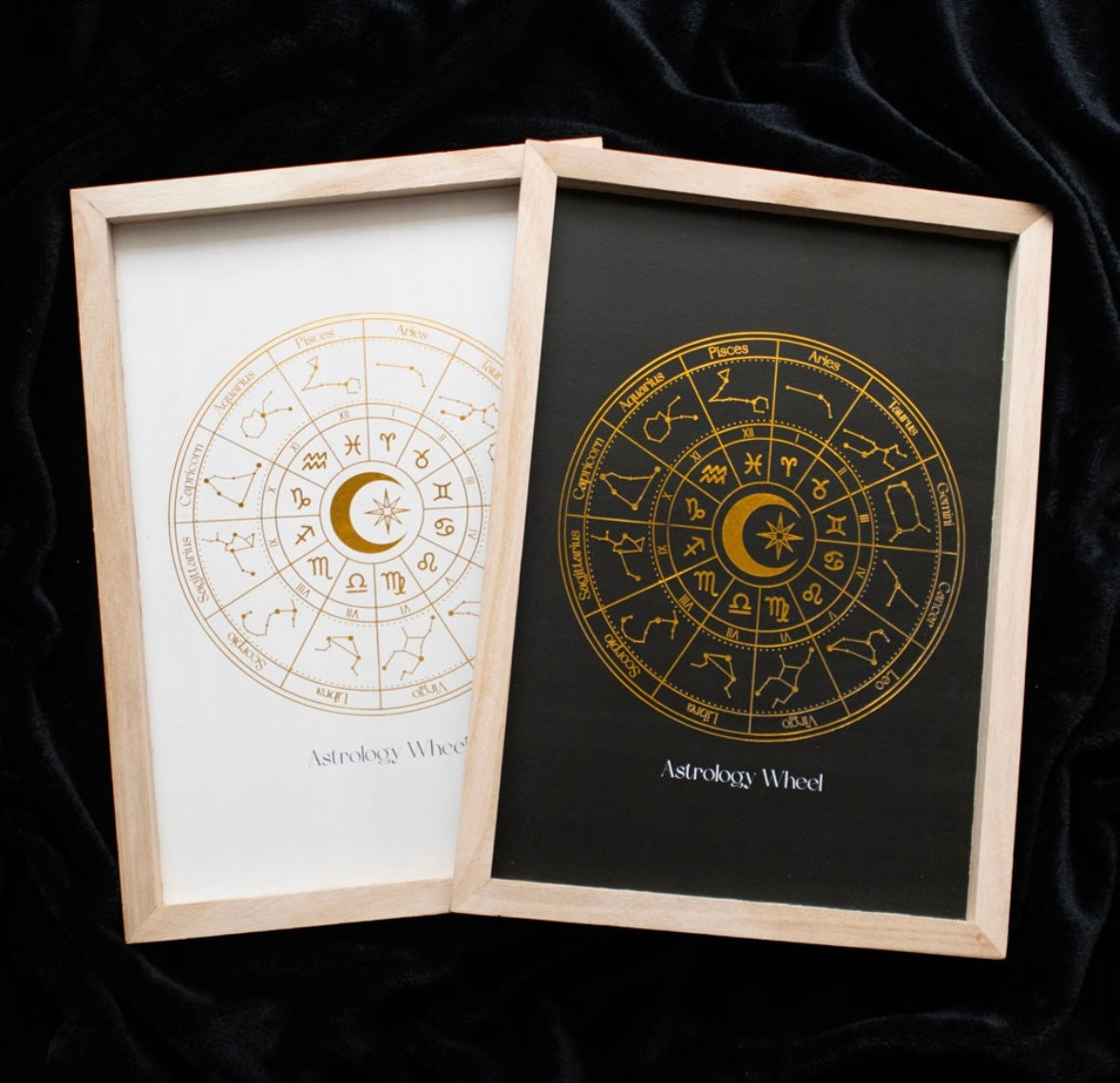 ✨ Astrology Wheel Wood Framed Print – Golden Foil Finish