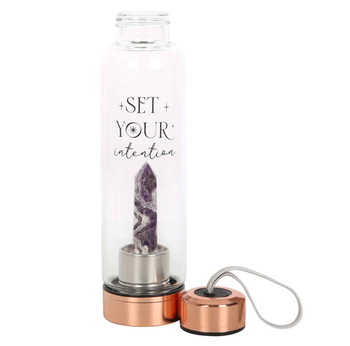 💜 Amethyst Crystal-Infused Glass Water Bottle – ‘Set Your Intentions’