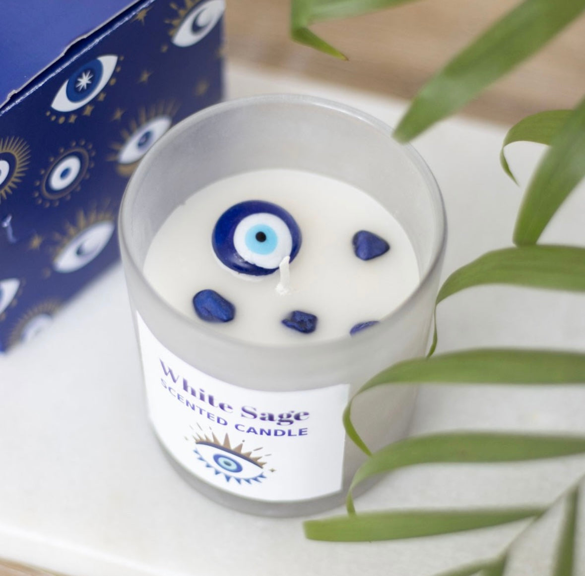👁️ White Sage Crystal Candle with All Seeing Eye Charm
