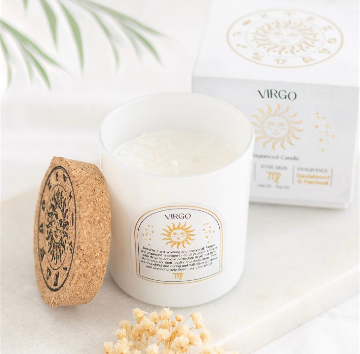 ♍ Virgo Zodiac Candle – Sandalwood & Patchouli with Clear Quartz Crystals