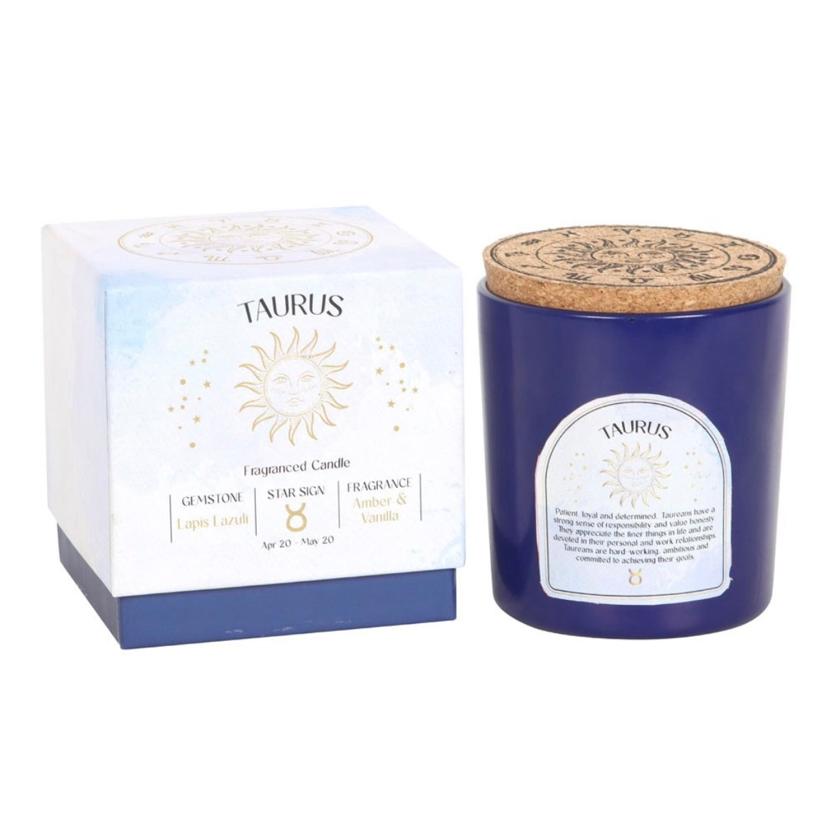 ♉ Taurus Zodiac Candle – Amber & Vanilla with Lapis Lazuli Crystals