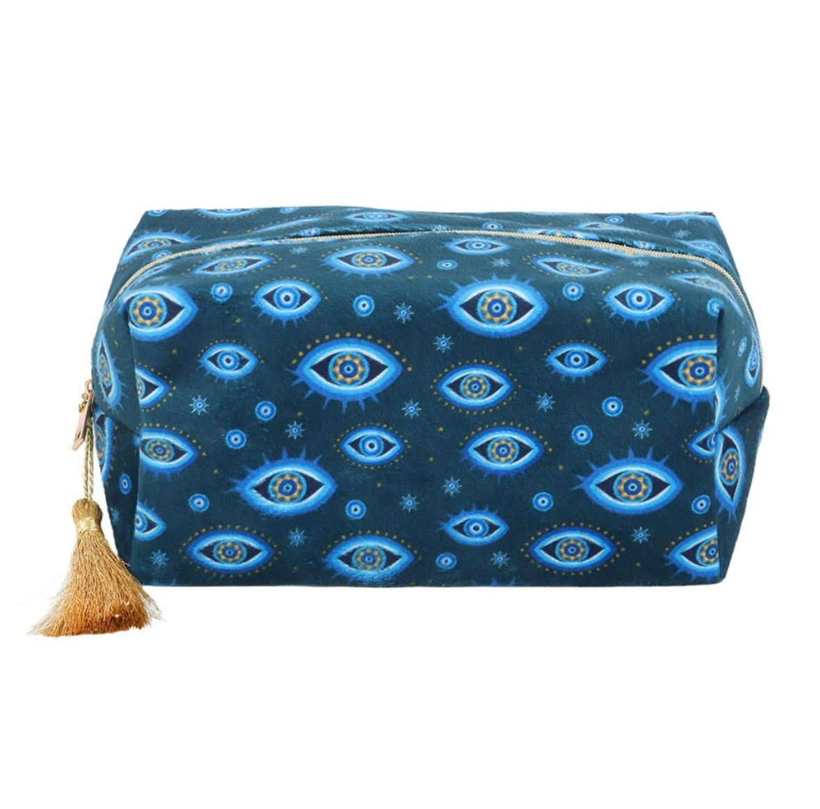 🌙 Celestial All Seeing Eye Velvet Makeup Bag – Dark Blue with Gold Tassel