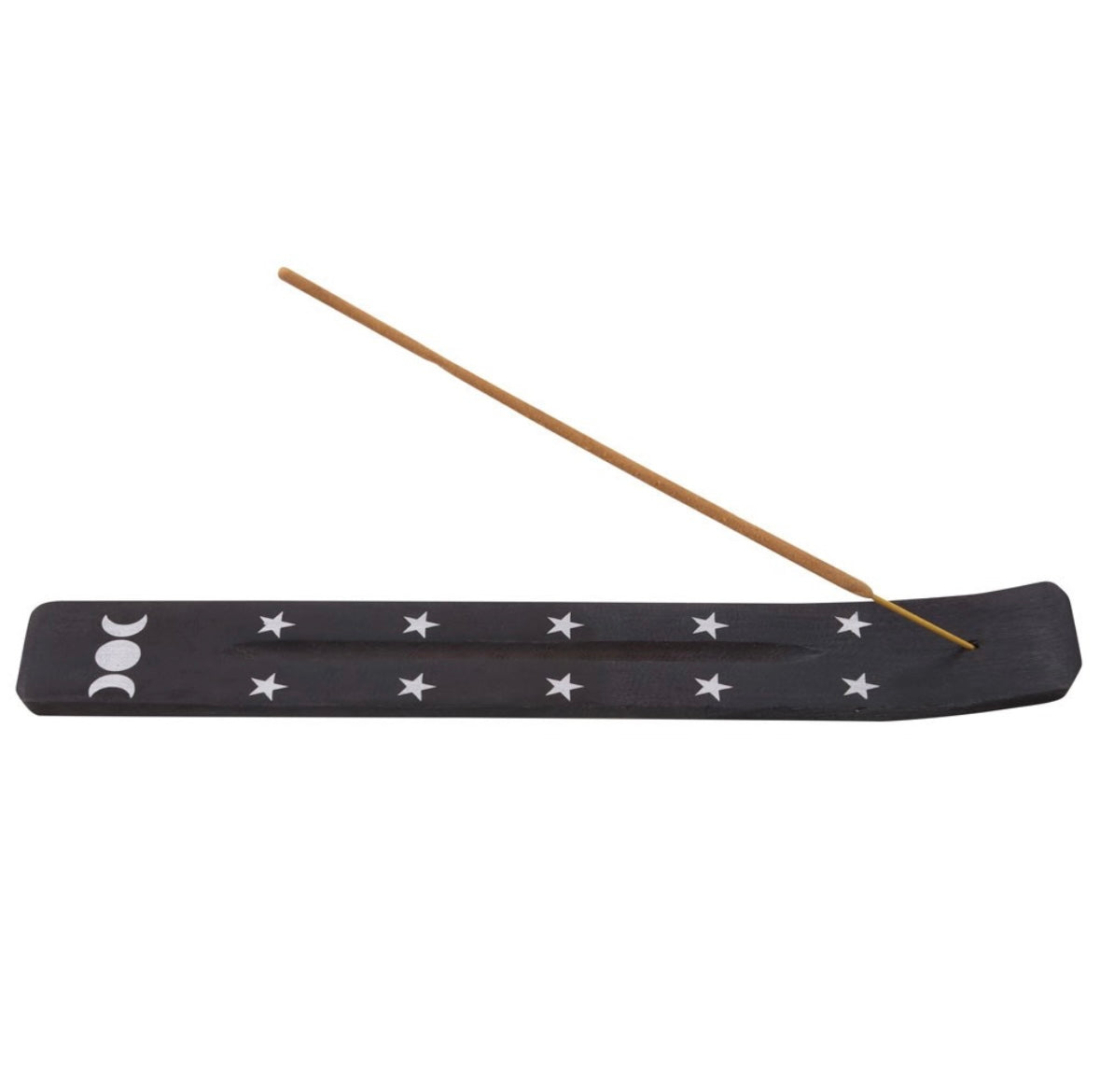 🌙 Triple Moon Incense Stick Ash Catcher – Mango Wood with Silver Stars
