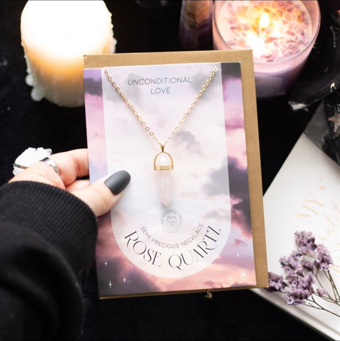 🌸 Greeting Card with Rose Quartz Crystal Necklace – Love & Compassion Pendant