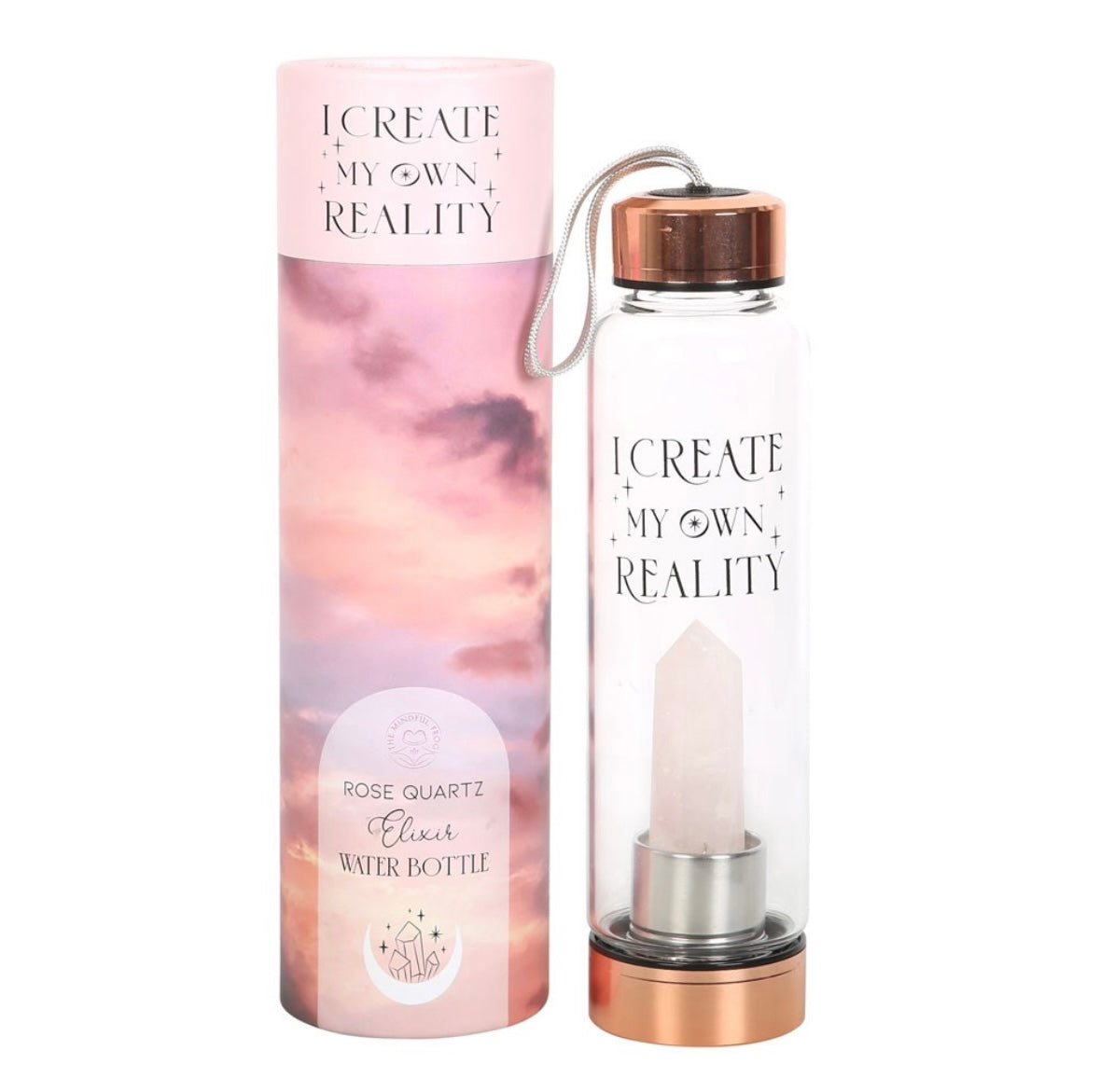 🌸 Rose Quartz Crystal-Infused Glass Water Bottle – ‘I Create My Own Reality’