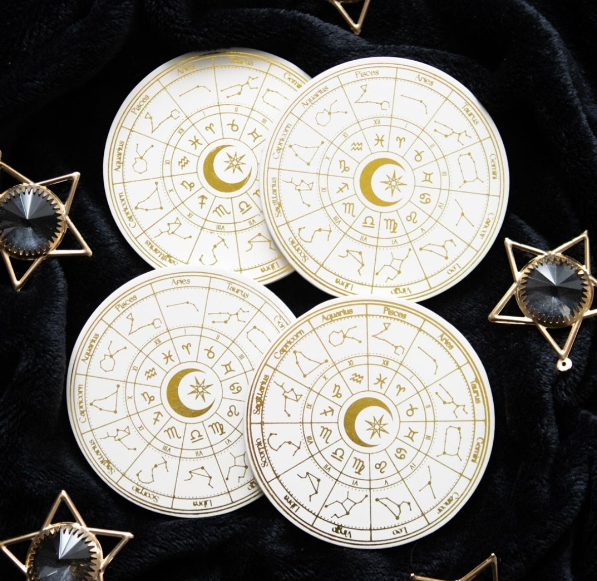 ✨ Astrology Wheel Coaster Set – Golden Foil Finish (Set of 4)