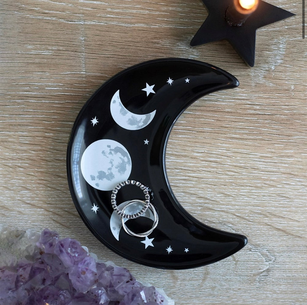 🌙 Crescent Moon Ceramic Trinket Dish – Triple Moon Design