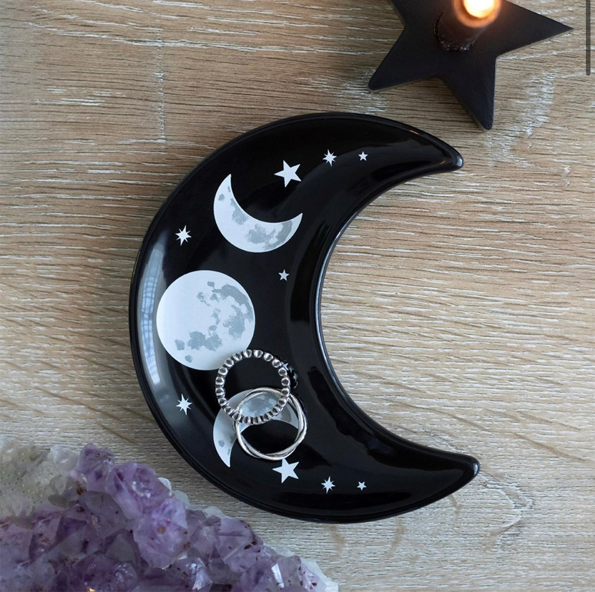 🌙 Crescent Moon Ceramic Trinket Dish – Triple Moon Design