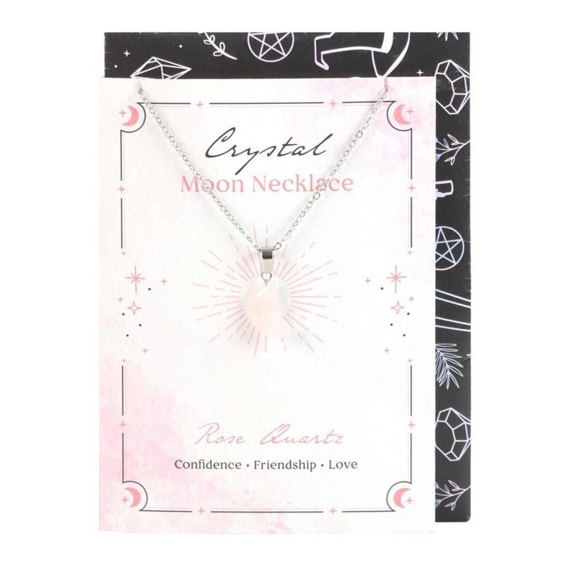 Rose Quartz Crystal Moon Necklace Greeting Card – Love & Confidence