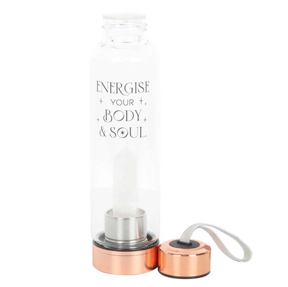 ✨ Clear Quartz Crystal-Infused Glass Water Bottle – ‘Energise Your Body & Soul’
