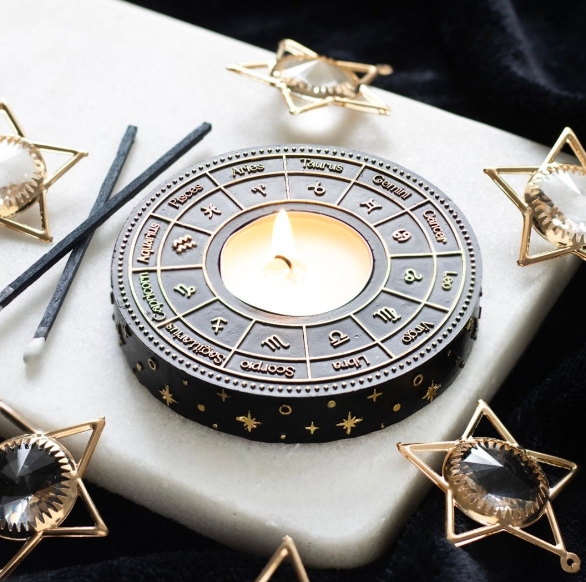 Astrology Wheel Tealight Candle Holder – Celestial Gold Detail