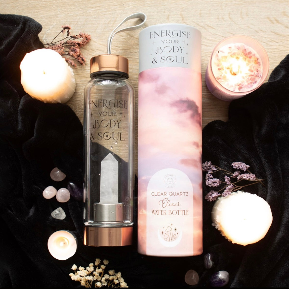 ✨ Clear Quartz Crystal-Infused Glass Water Bottle – ‘Energise Your Body & Soul’