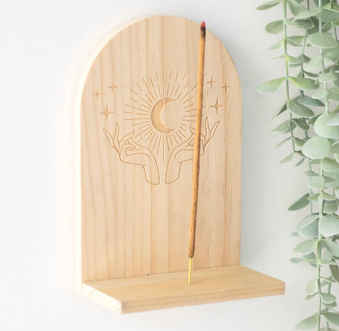 🌙 Mystic Hands Wooden Incense Holder Shelf