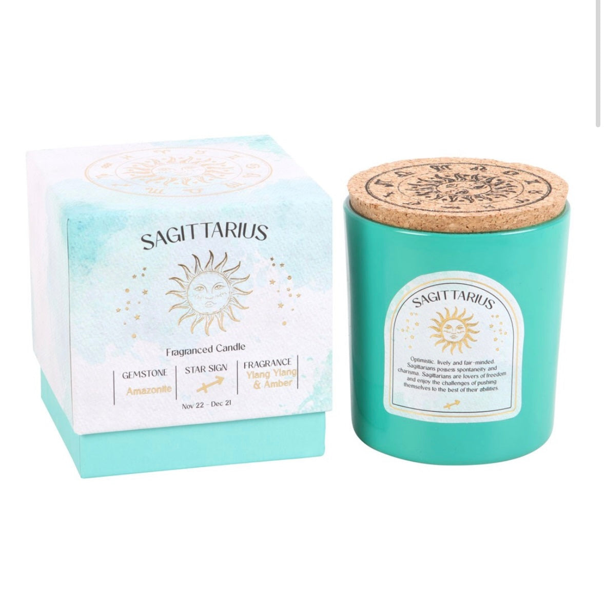 ♐ Sagittarius Zodiac Candle – Ylang Ylang & Amber with Amazonite Crystals