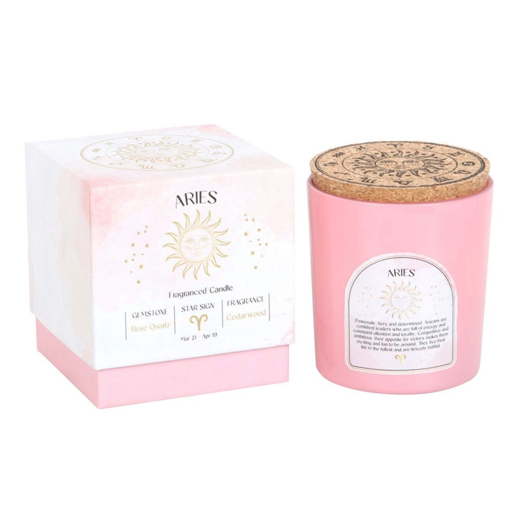 ♈ Aries Zodiac Candle – Cedarwood & Rose Quartz Crystals
